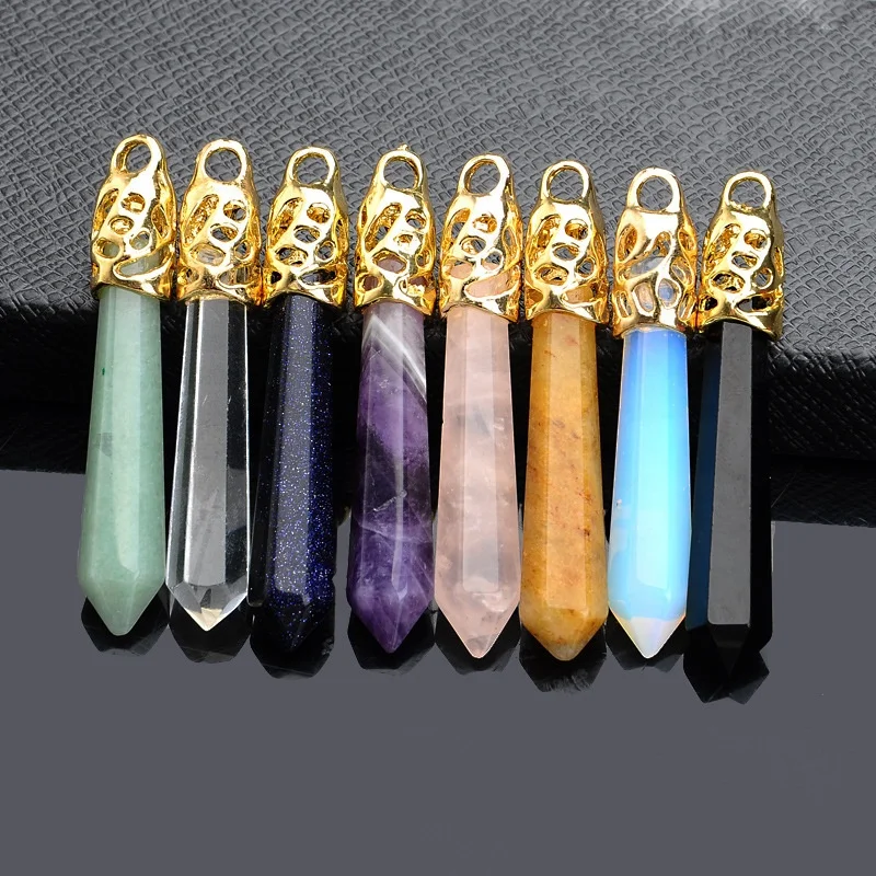 Wholesale Natural Stone Crystal Amethyst Tiger Eye Rose Quartz Hexagonal Long Bullet Stone Pendant Necklace Gemstone Jewelry