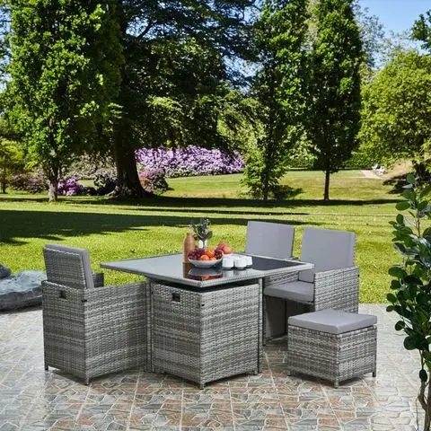 9 Piece 8 Seater Rattan Cube Dining Table Garden Furniture Patio Set (Grey/Grey)
