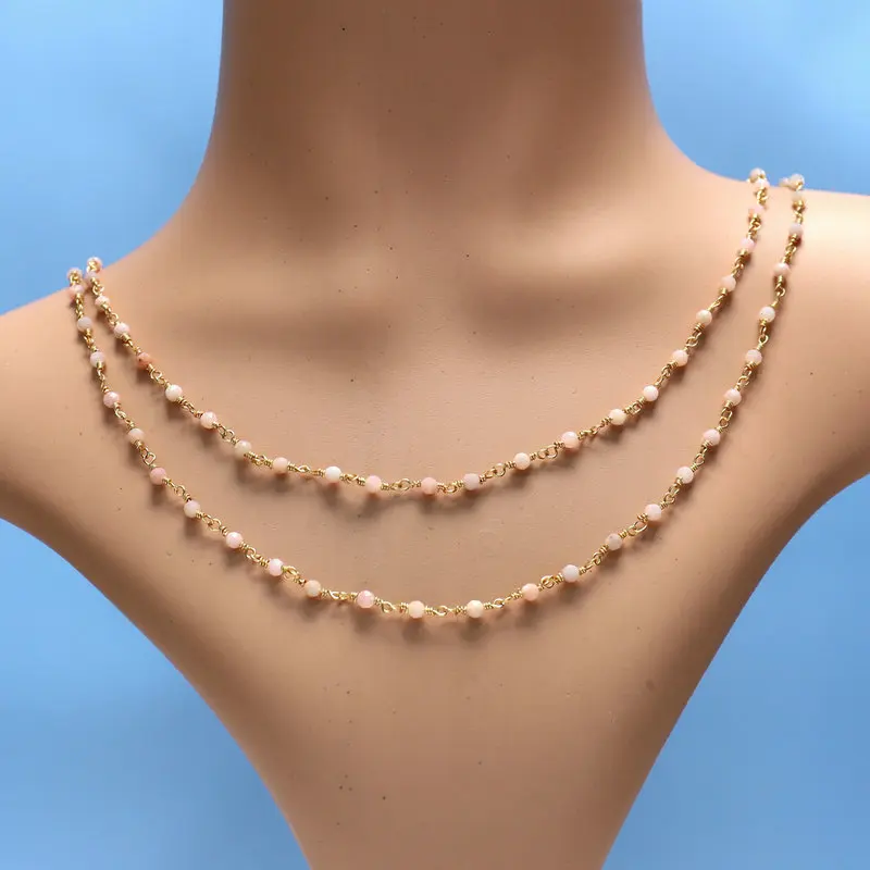 bohemia pink color mini round faceted natural stone beads rosary wrapped brass chain for necklace jewelry