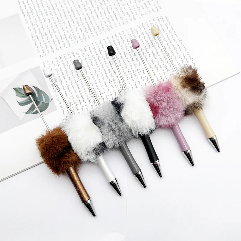 Hot Sale DIY Leopard Print Plush Pom Pom Plastic Bead Pen Colorful Cute Ballpoint Pens For Children
