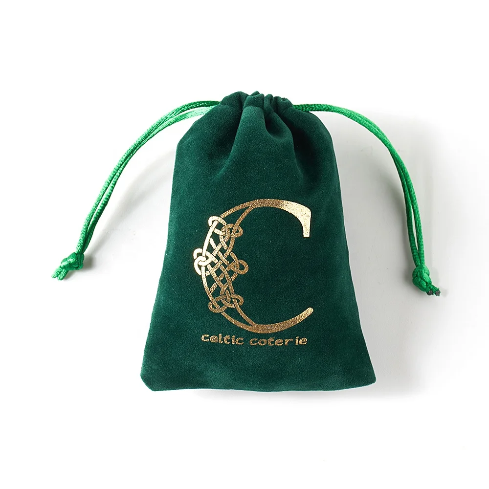 Manufacturer Wholesale Green Velvet Drawstring Bag High End Beautiful Velvet Storage Dust-proof Bag With Gold Stamping Logo