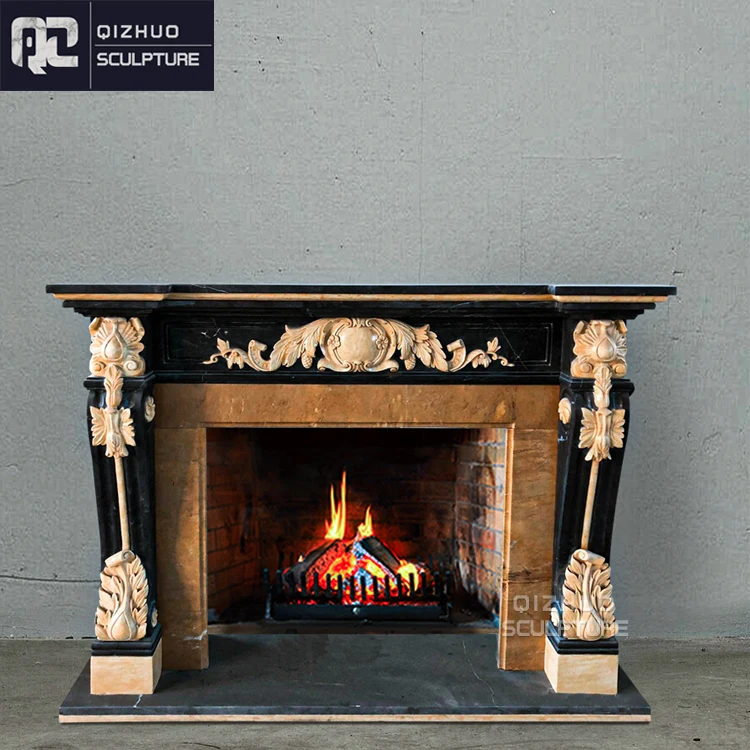 Antique Hand Carved Egypt Cream Mixed Marquina Stone Black Fireplace Surround on Sale