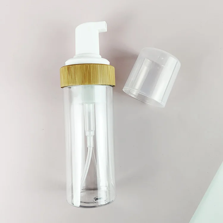 hot sale 150ml empty clear color bamboo collar plastic foaming soap foam pump bottle with bamboo lid