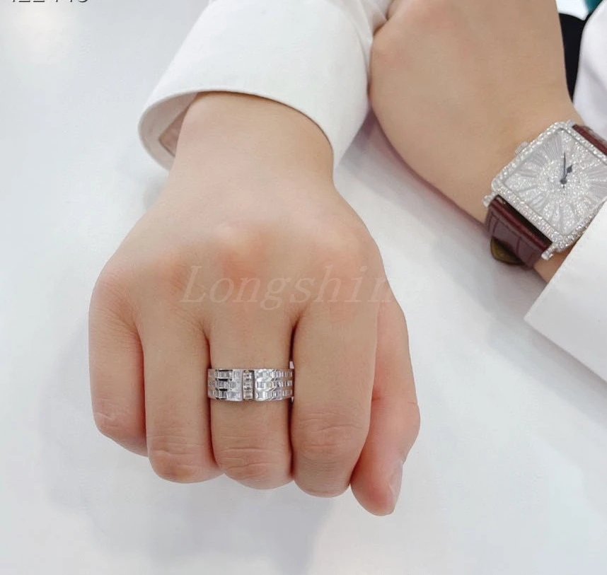 Longshine Fashion 3 Rows Baguette Diamonds Men Wedding Band White Color Ring