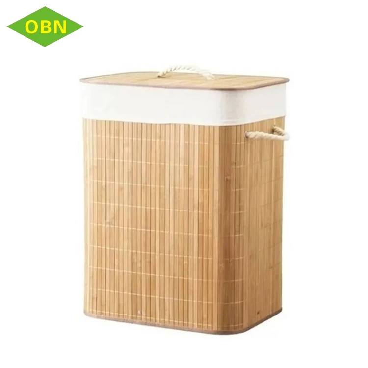 Large natural beige baby storage lined dirty clothes bathroom bamboo foldable  laundry basket bins with handle