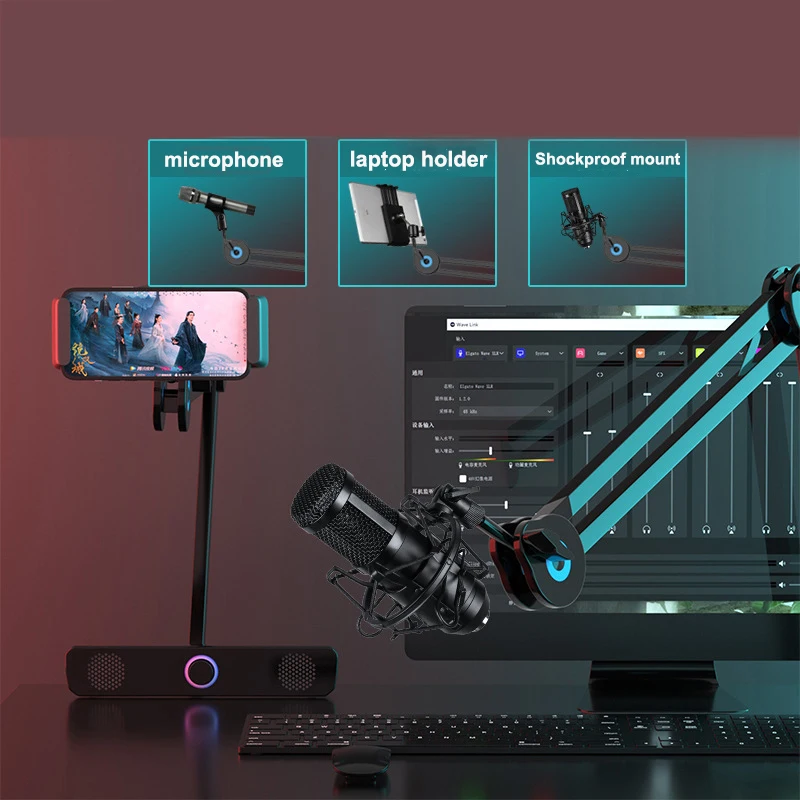 CHARMOUNT Professional Microphone Stand Studio Broadcasting Recording Condenser Microphone Mount Mic Arm