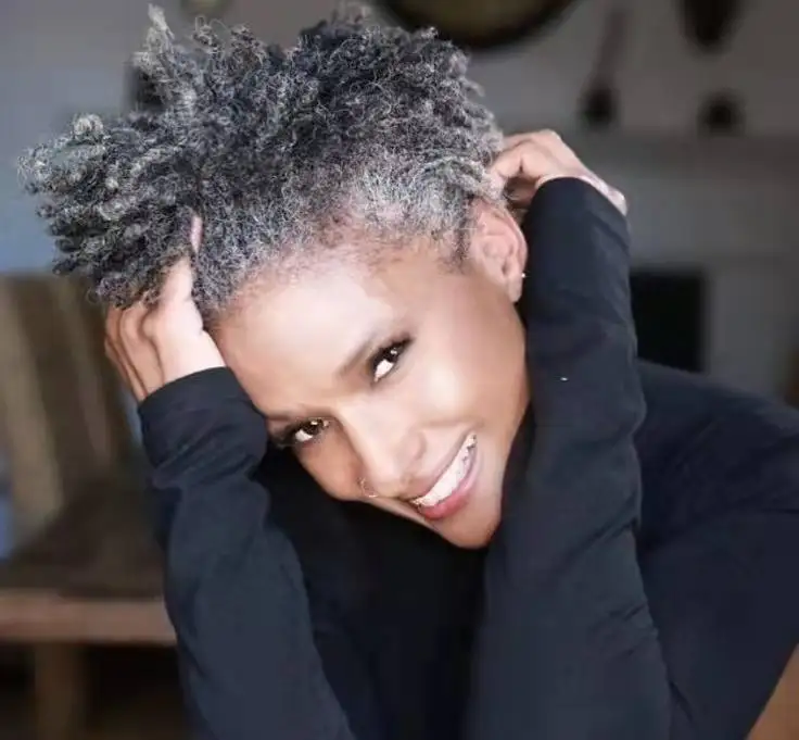 Pepper and salt natural grey braided Short natural hairstyle for gray hair black women
