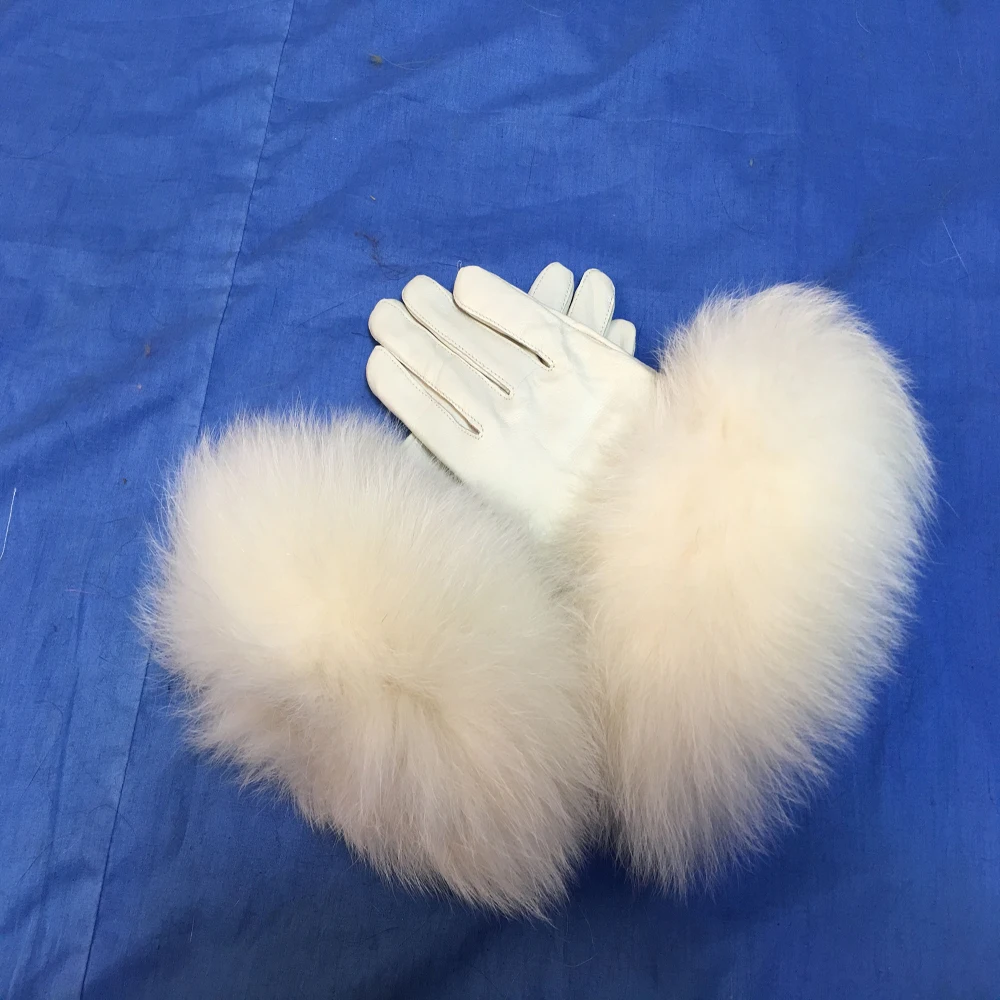 2019 Winter Women Sheep Skin Leather Gloves Fashion Design Real Fox Fur Gloves