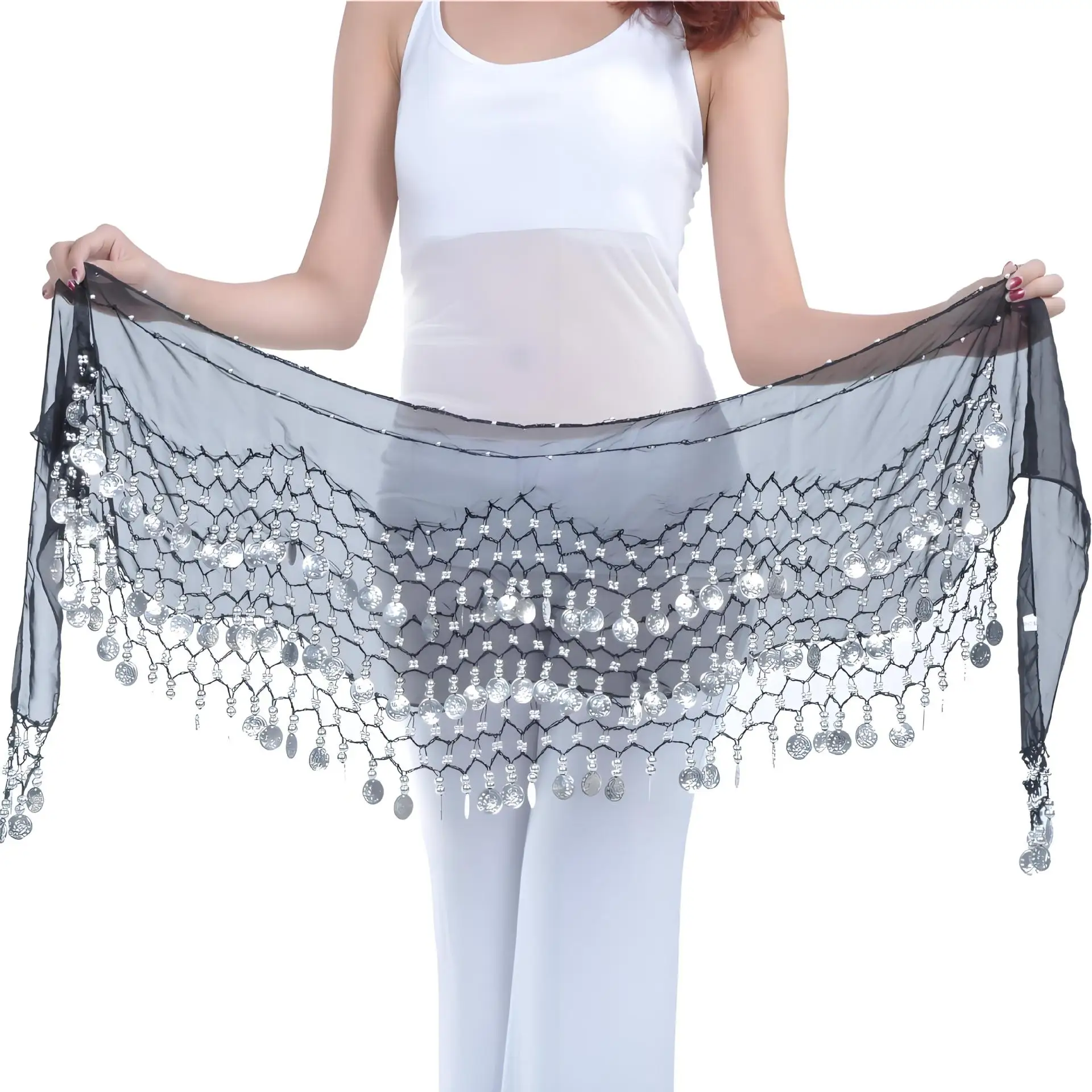 Belly Dance Hip Scarf Belly Dance Skirt With 98 Gold Coins Belly Hip Scarf Waist Chain Coin Sash Chiffon Dangling Bling