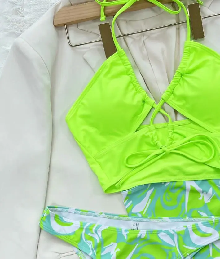 2023 STOCK Lace Up Front Long Ties 3Pieces Swimsuit Sexy Lady Brazilian Bikini Set Short Micro Beachdress