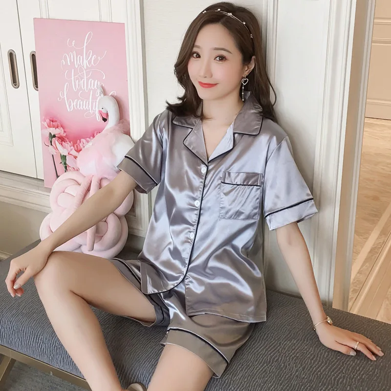Spring Summer Women Pajamas Faux Silk Satin Homewear Short Sleeve Two Piece Set New Sleepwear Sets