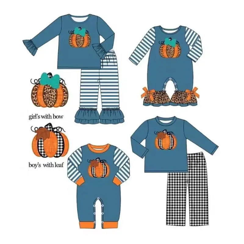 wholesale toddler boutique fall clothing kids embroidered pumpkin long sleeve baby girl clothes set Halloween