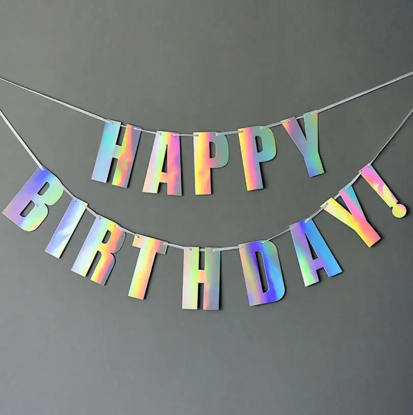 
Holographic Happy Birthday Bunting Banner Iridescent Hanging Bunting String Flag Garland for Unicorn Parties 