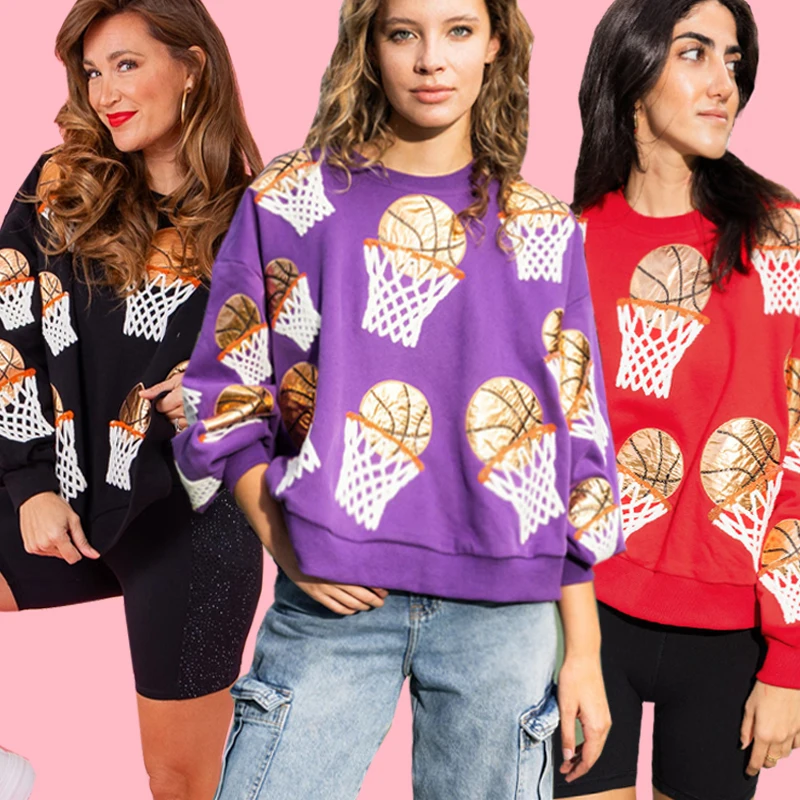 Весенние 2024 женские баскетбольные свитшоты с вышивкой и блестками круглым вырезом длинным рукавом