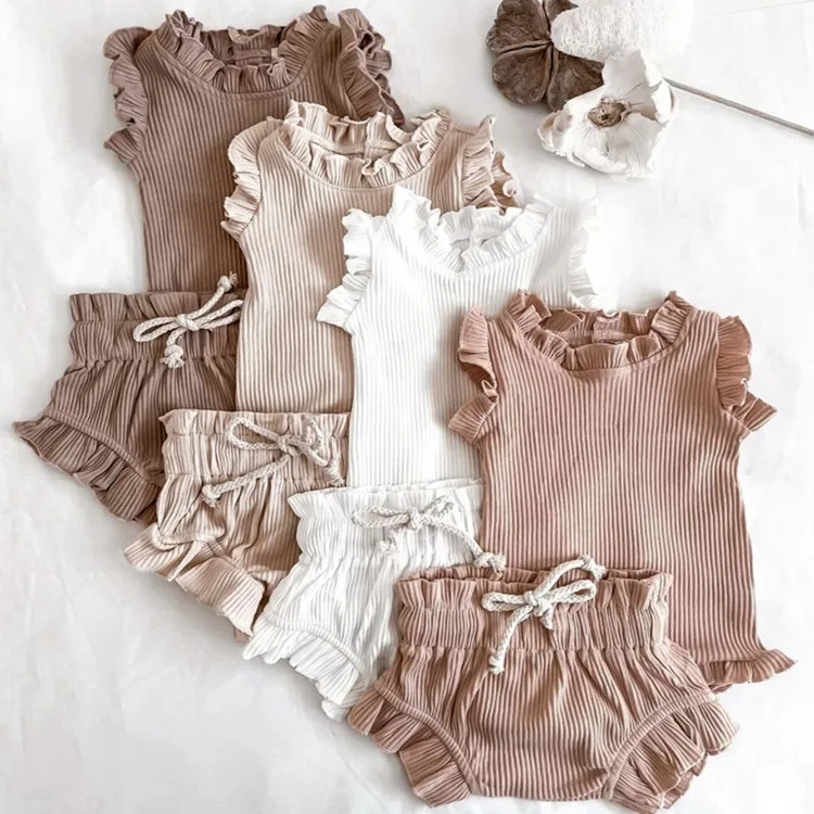 Newborn Baby Girl Clothes Set Solid Lace Ruffles Sleeve Backless Tops toddler Shorts Outfits set baby clothes set 100% cotton