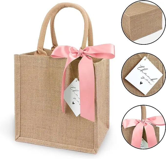 With Pink Ribbon Strap With Logo Printed Hessian Burlap Jute Tote Bag Wholesale For Advertising
