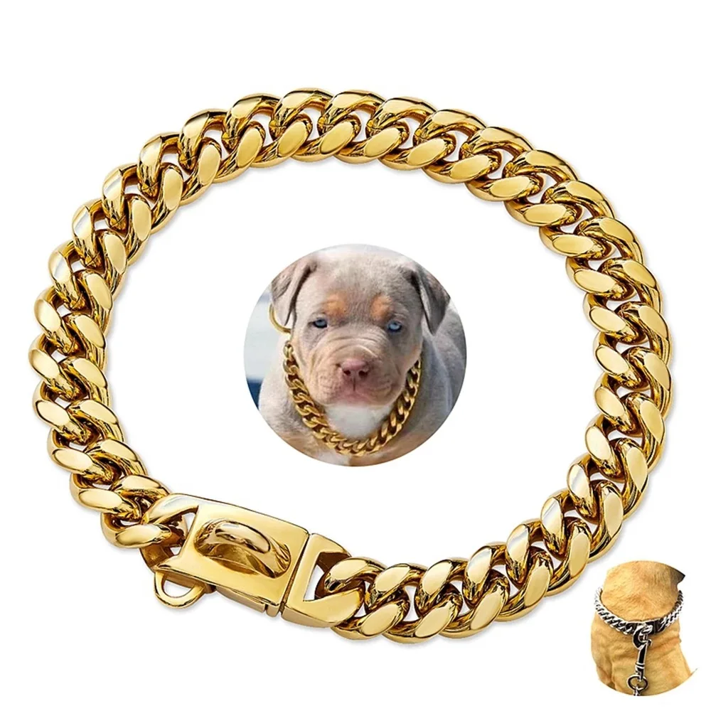 Dropshipping Strong Stainless Steel Gold Dog Collars with Safety Buckle Lock 14MM Cuban Link Chain Training Collar Dog Necklace