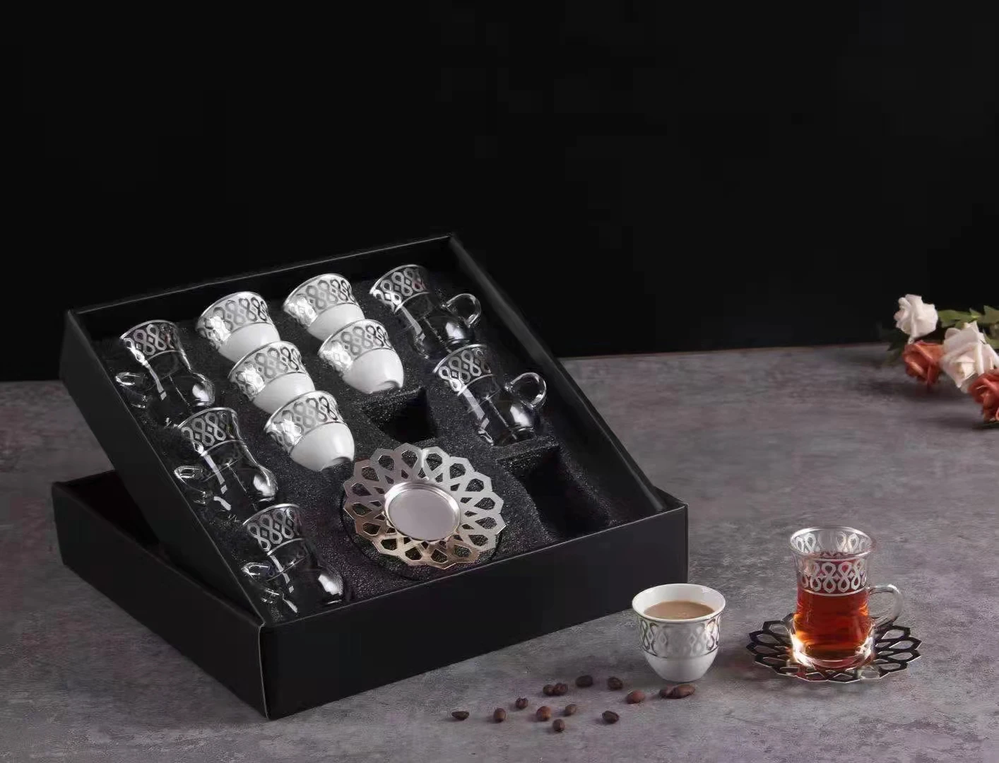 QIAN HU  Vintage Gift Set Classic Gold Plated Turkish  Glass Coffee Cups and Saucers Set Tea Set for Afternoon Tea