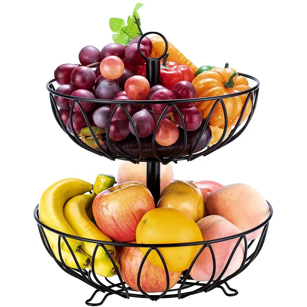 Fruit Stand Vegetables Basket Counter Top Fruit Basket Bowl Storage for Kitchen Home Metal Cast Iron (2 Tier-Black)