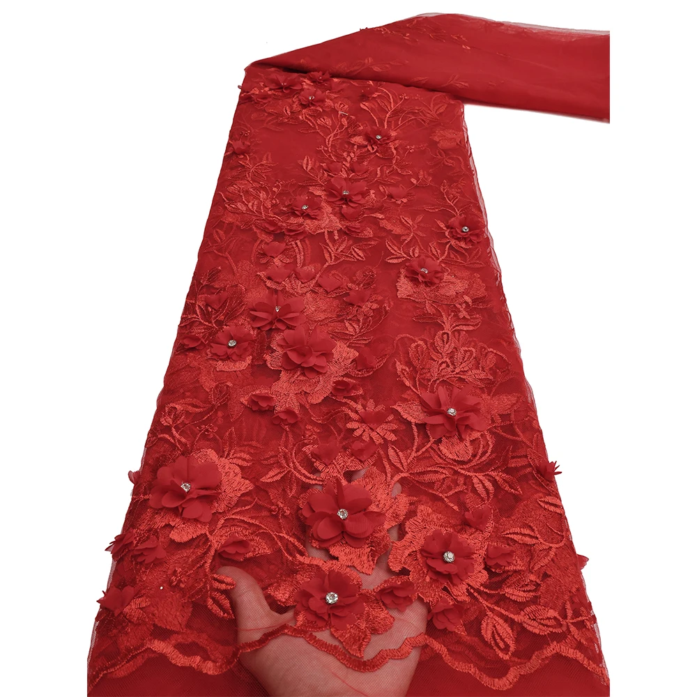 NI.AI Embroidery 3D Flower Lace Net Fabric French Net Lace Luxury Embroidered Lace Fabrics With Stones