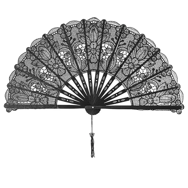 Cotton Lace Folding Hand Fans Embroidered Flowers Pattern Handheld Fans for Costume Weddings Dancing Party DIY Bridal Hand Fan