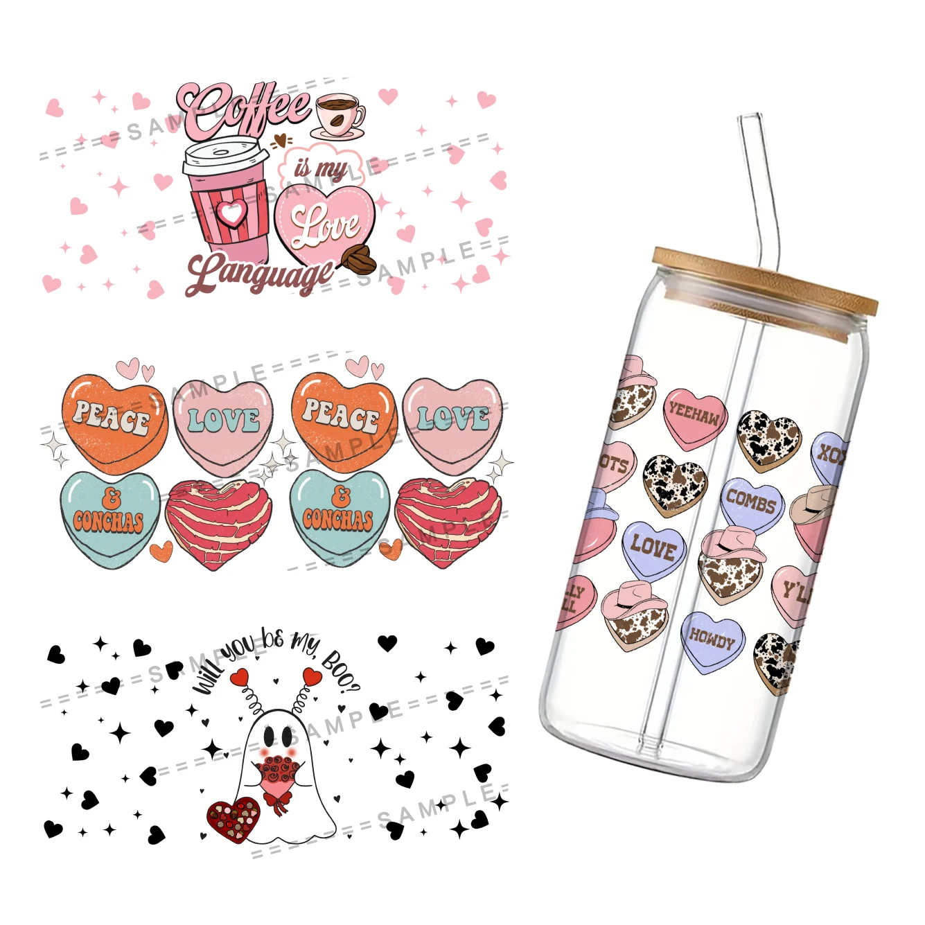 Forever Love Series Printed Pattern UV DTF Transfers Stickers  For 16oz Glasses Cups