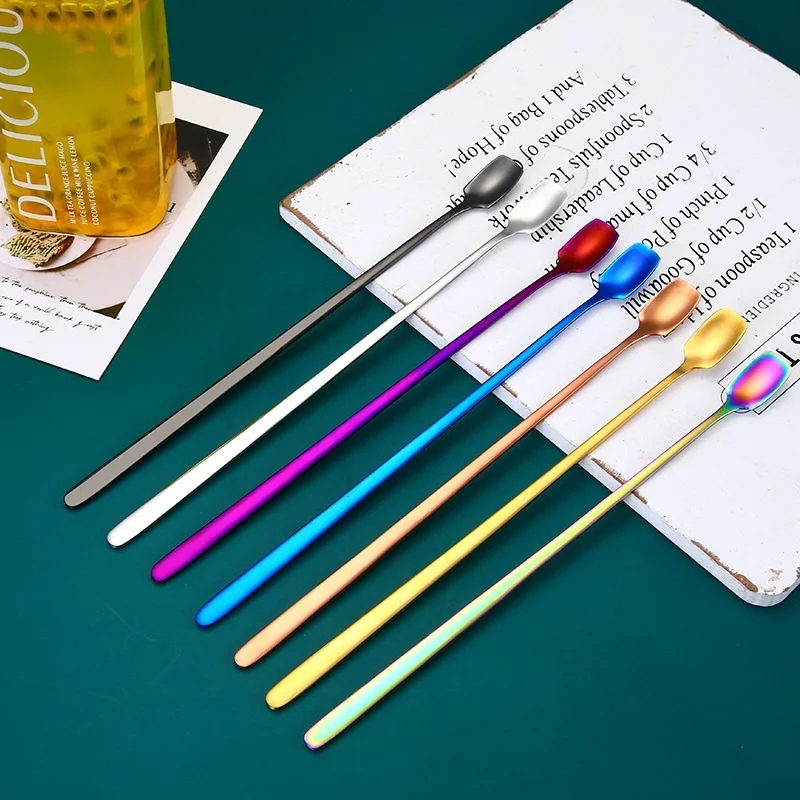 Creative 304 Stainless Steel Long-Handle Square Head Bar Mug Classic Bartending Coffee Honey Mixing Spoon Wooden Wedding Bulk