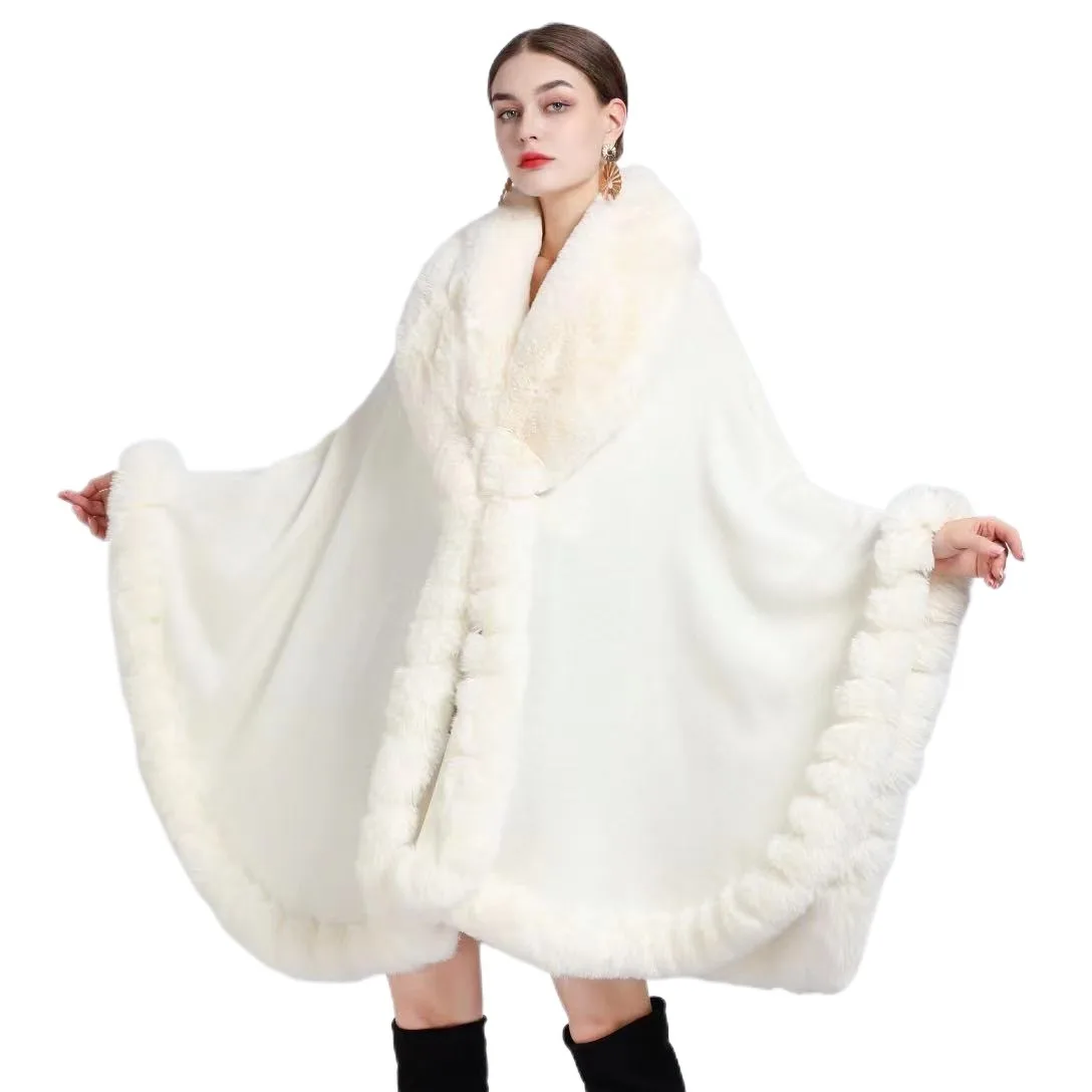 Elegant Winter Acrylic Faux Fur Shawl Warm Women Poncho with Fur Trim