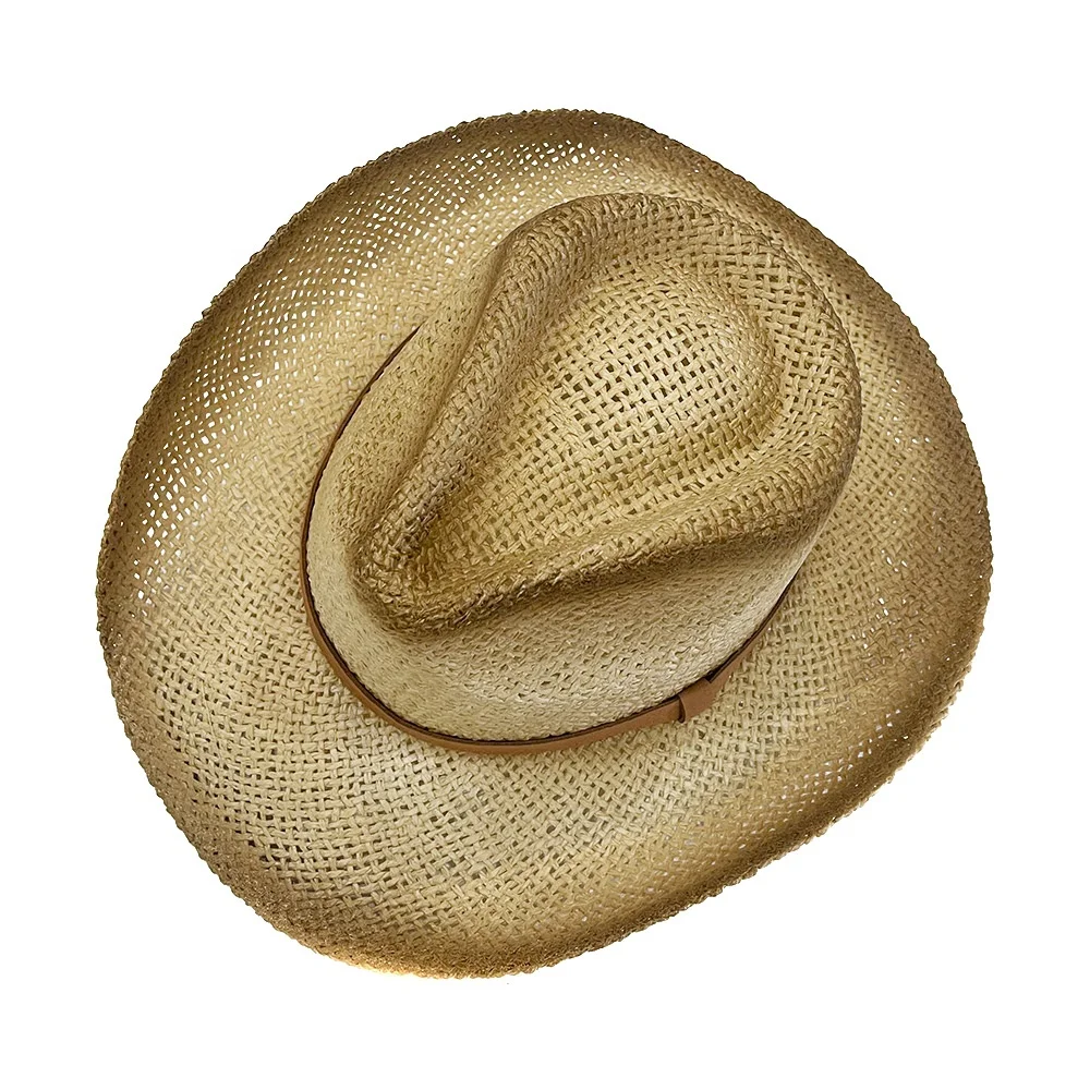 Summer Mesh Light Brown Gradient Changing Panama Raffia Straw Cowboy Hats Wholesale Cowboy Hat Straw With String