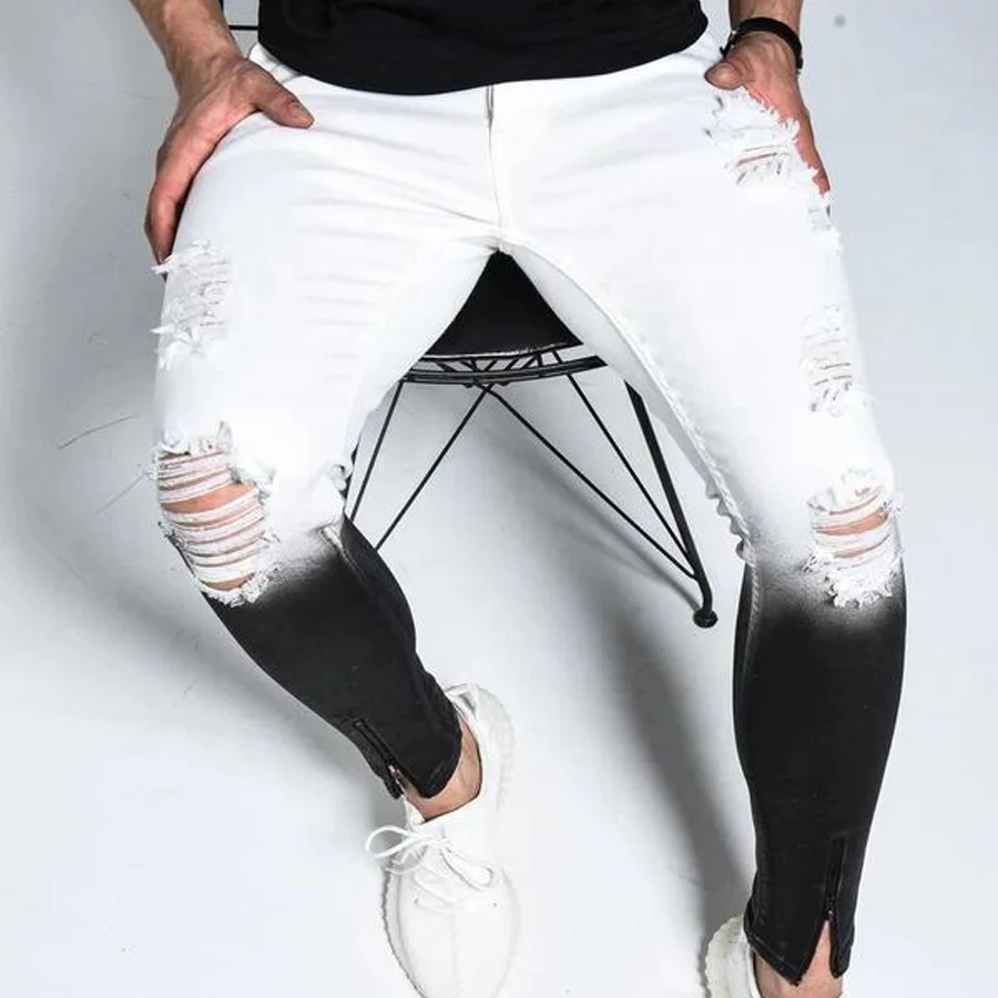 Wholesale Gradient Ripped Jeans Men Stretch Tight Skinny Jeans Men Foot Zipper Denim Jeans
