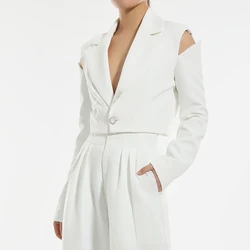 Женские топы 2021, необычные уникальные пикантные белые блейзеры с открытыми плечами и V-образным вырезом, повседневные женские топы с длинным рукавом, 2021