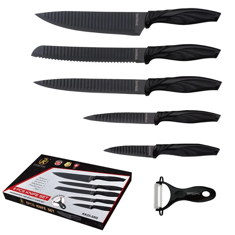 Kitchen King 6pcs wave corrugated blade kitchen knife set  gift box kitchen knife set with with ergnomic handle