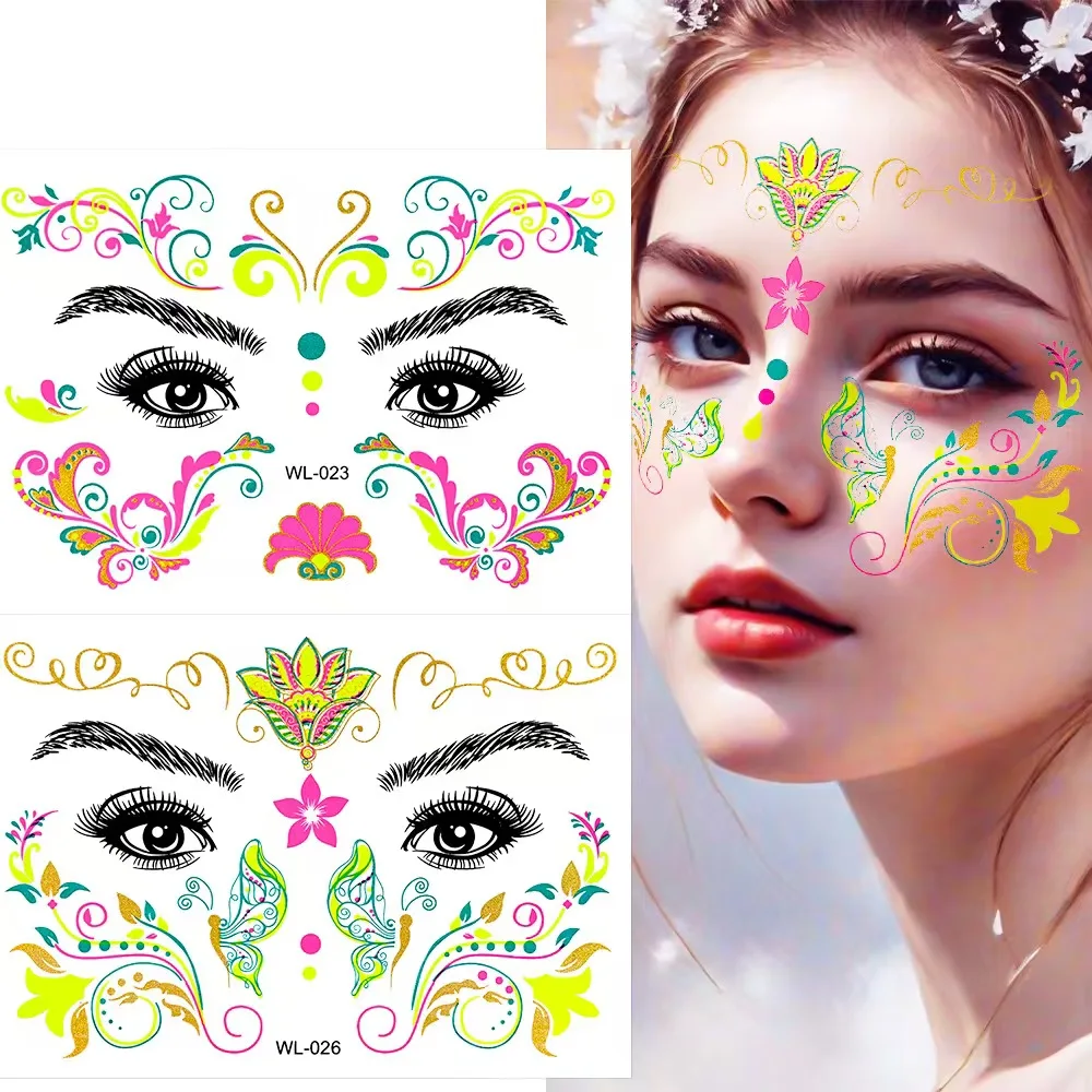 Neon Fluorescent Face Sticker Music Festival Tattoo Makeup Glitter Party Stickers Waterproof Temporary Tattoo Stickers Makeup