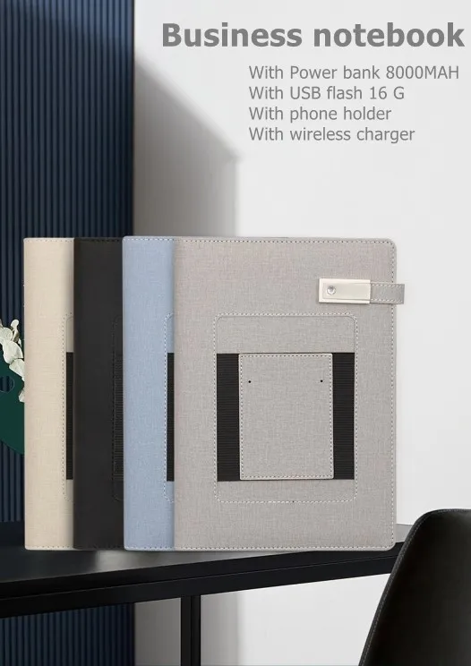 2023 New Design Custom LED Light Logo A5 PU Leather Agenda 8000mah Wireless Charger Power Bank Diary Notebook With USB