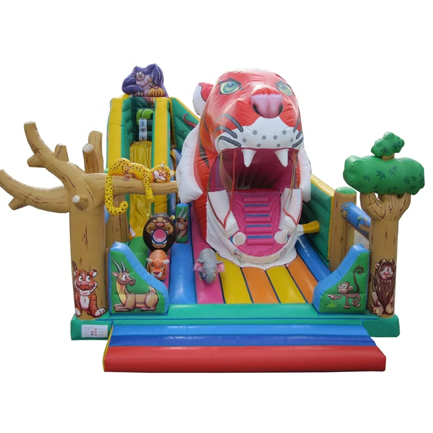 High quality PVC Jungle Animals Funland With Moving Tiger Mouth and Jump climb slides obstacles for kids