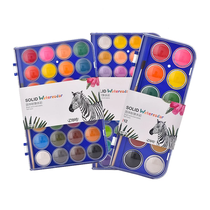 Factory hot sale 12/16/18/24/36 colors solid water color Pressed powder watercolor paint with transparent PVC box