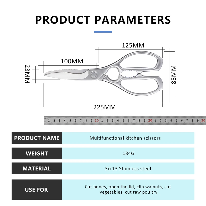 Quality 3cr13 Stainless Steel Multifunctional Scissor Kitchen Metal Cooking cutting Food Scissors Shears Cutter for kitchen