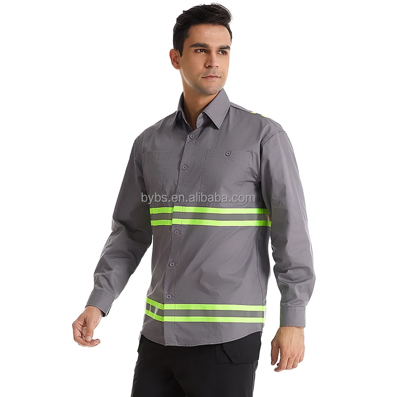 Custom Made Long Sleeves Safety Work Shirt Breathable Mechanic Reflective Tape Work Shirts