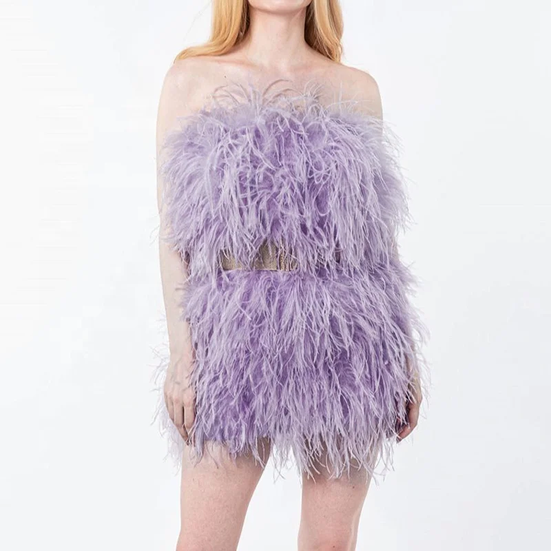 Fashion Sexy Crop Fur Top Feather Skirt Set Solid Color Ostrich Feather Fur Two Piece Set Women