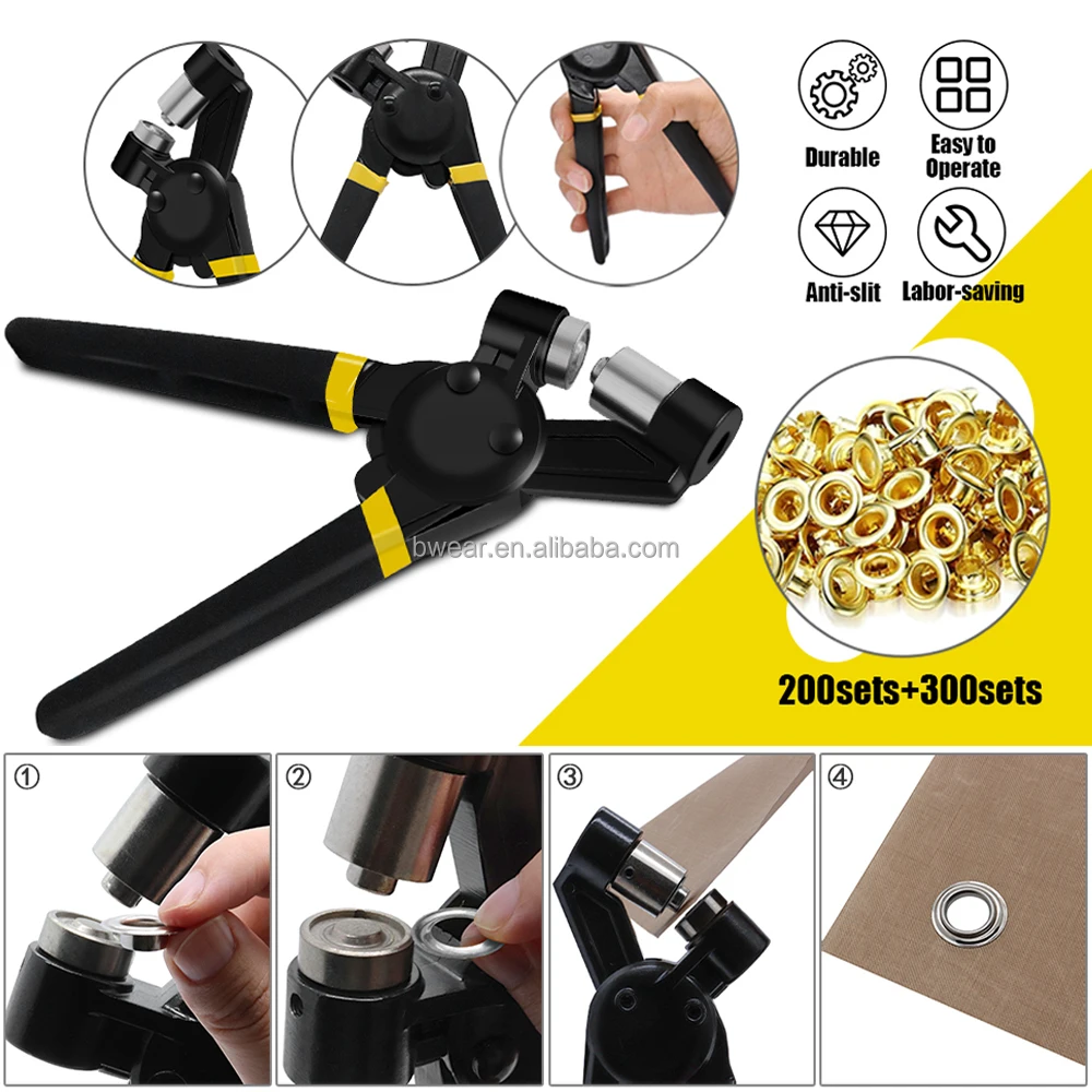 Grommet Tool Kit Handheld Hole Punch Pliers Portable Eyelet Rivet Hand Machine Manual Puncher with 500pcs 10mm Grommets