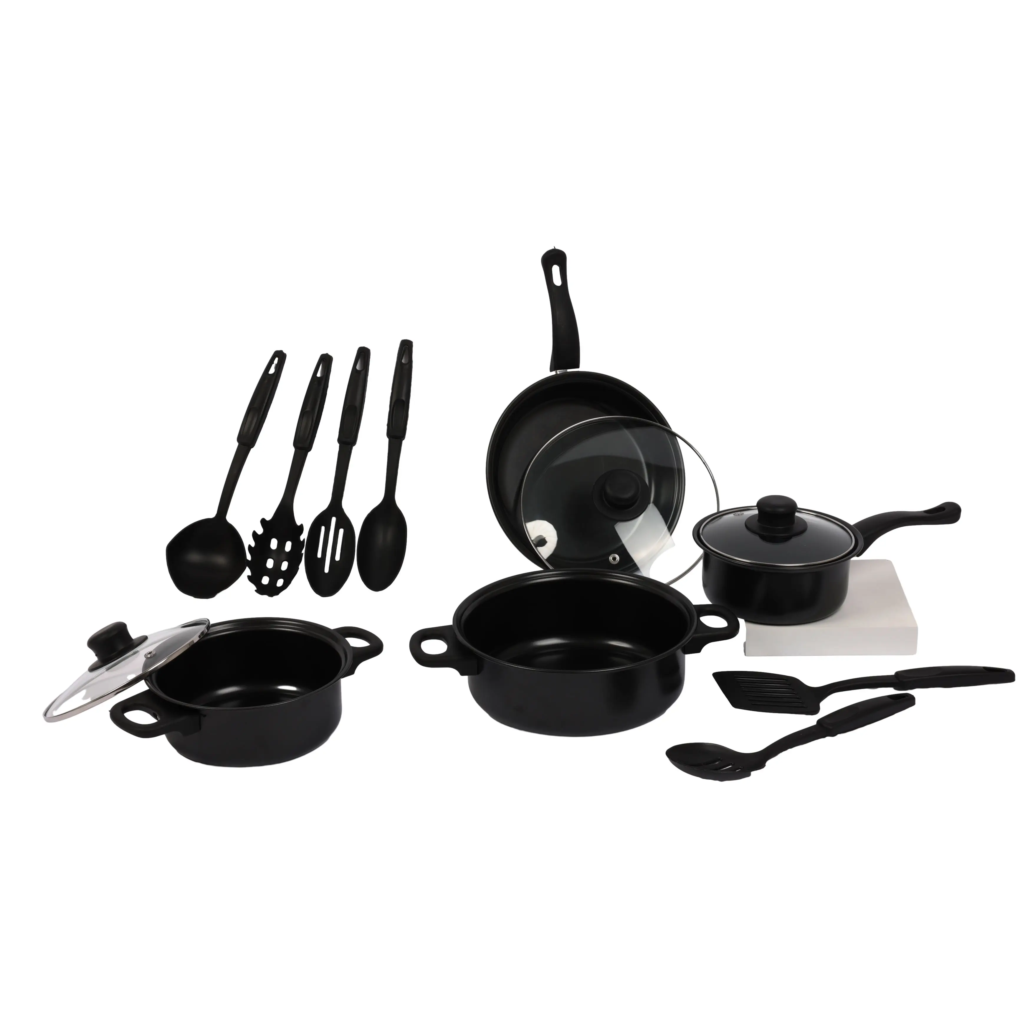 High Quality 13pcs/set Non, Stick Die Casting Cast Iron Kitchen Cooking Pot Frying Pan Casserole Cookware Sets With Glass Lid/