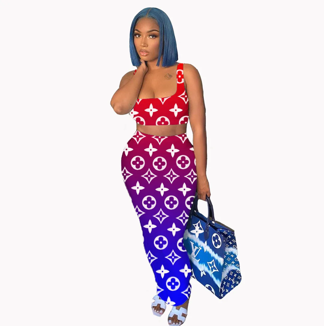 2021 новые летние женские пикантные градиент печати О-образным вырезом комплект из двух предметов, костюм с юбкой, для женщин, на каждый день, 2 шт набор одежды для женщин Повседневная одежда