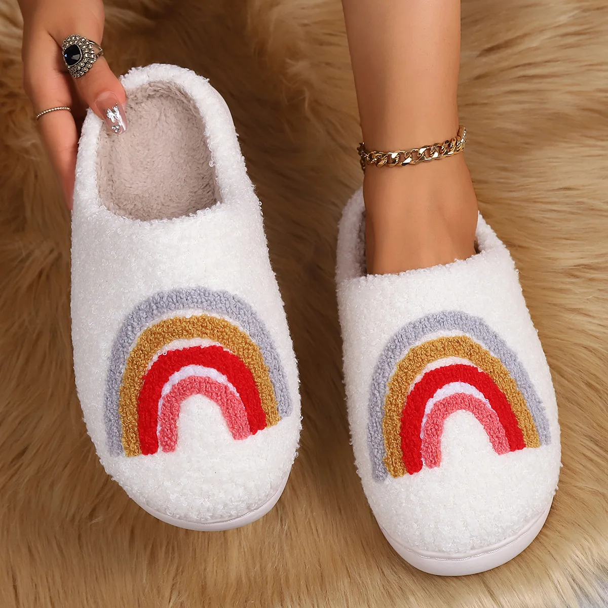 Wholesales Women Men Father Christmas Slides Slipper Rainbow Cowboy Hat Design Winter Bedroom Fashion  Warm Rainbow Fur Slippers