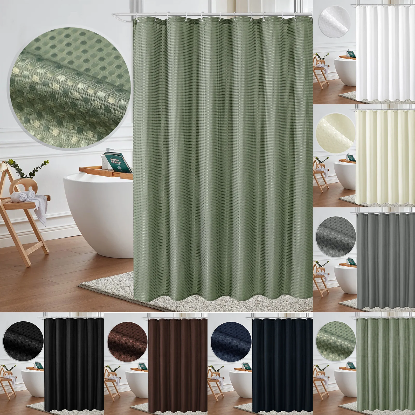 Wholesale Custom Solid Color Waffle Design Polyester Hotel Shower Curtains Modern Bathroom Waterproof with Rings