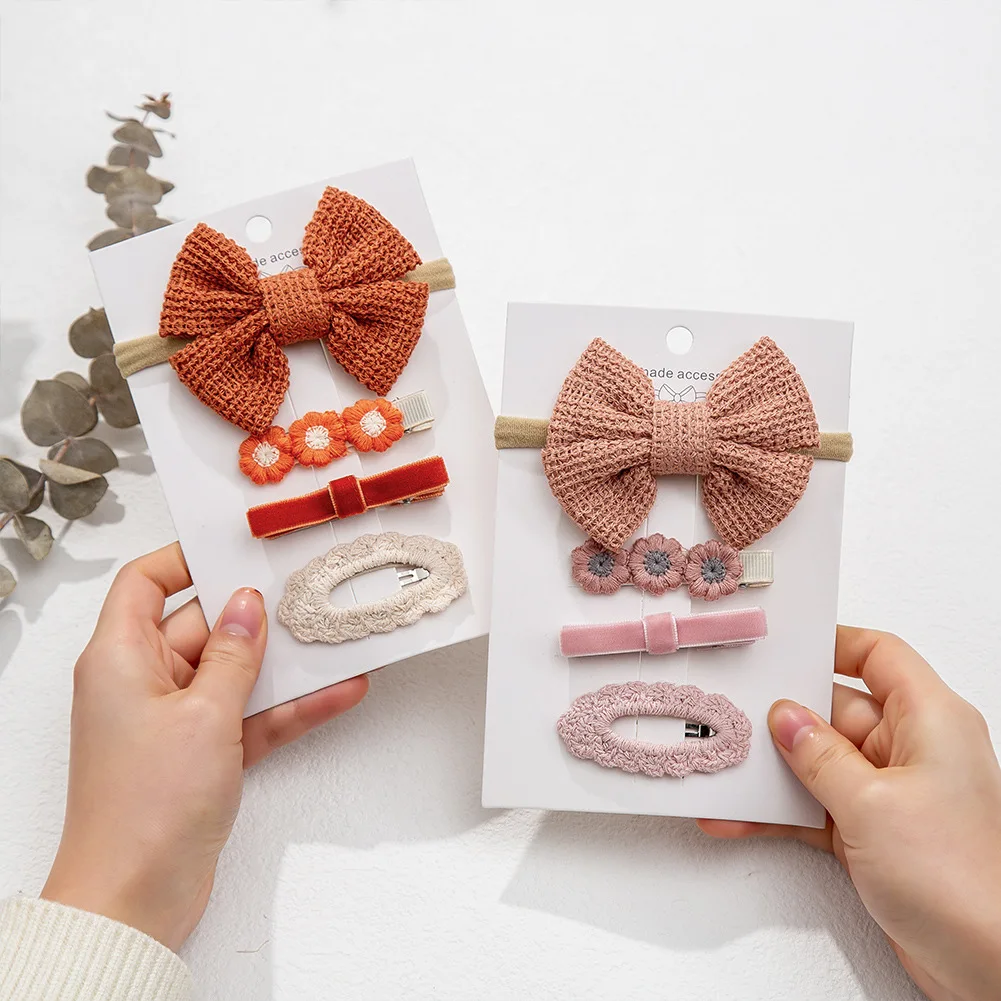 4pcs/Lot Crochet Daisy Baby Girls Hair Bows Velvet Snap Bobby Knitted Elastic Nylon Hairbands Hair Accessories Set For Kids