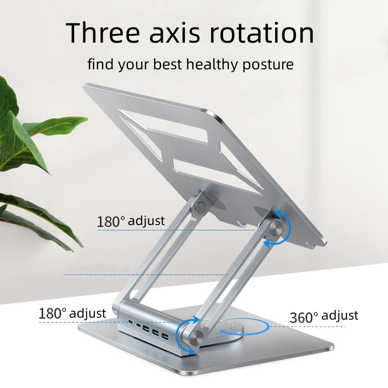 Aluminium 4 in 1 HUB 360 Rotation Laptop Stand Holder USB 3.0 HUB Foldable & Adjustable Portable for Office Use
