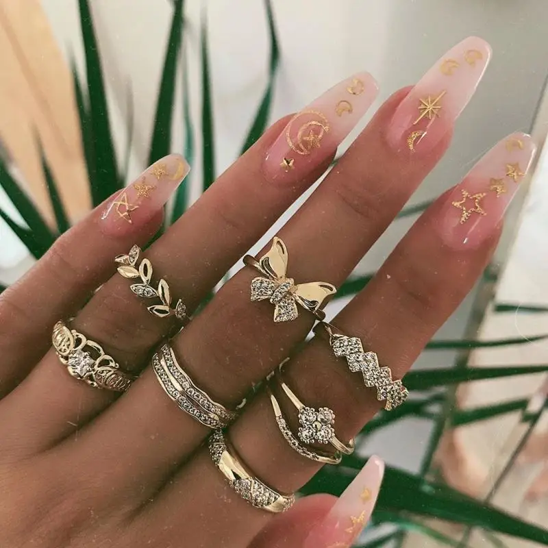 
Summer Butterfly Fashion Jewelry Set Zircon Cuban Chain Gold Plated Rings Pigeon Chip Chunky Rings 