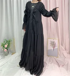 New Design Ruffle Hem Dubai Turkey Fashion Long Sleeve Light Pearl Chiffon Elegant Muslim Woman Open Abaya Kimono Dress