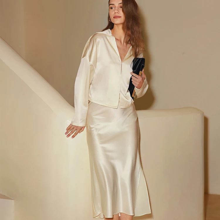 Factory custom label pure silk high waisted long skirts with slit luxury 100% mulberry silk split skirt