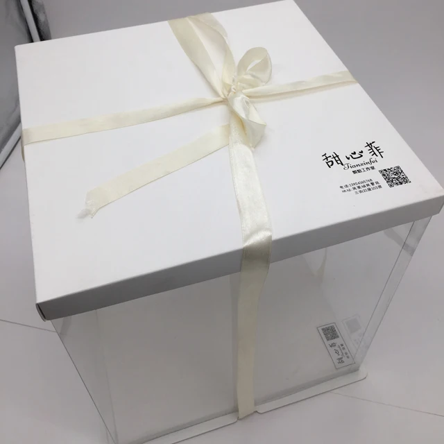 Large Clear PVC Cake Box with Ribbon and Pre-Folded Lid for 8inch & 10inch Cake Cookie Gift Packaging with Printed Pattern